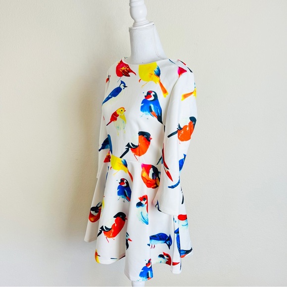 NWT White Peplum Drop Waist Multicolor Bird Print Scuba Mini Dress - Picture 3 of 10